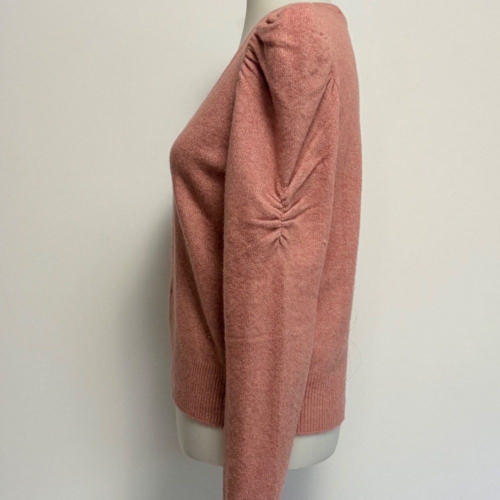 White House Black Market Sweater Medium Rose Pink Puff Shoulder Ruched V-Neck - Picture 3 of 10